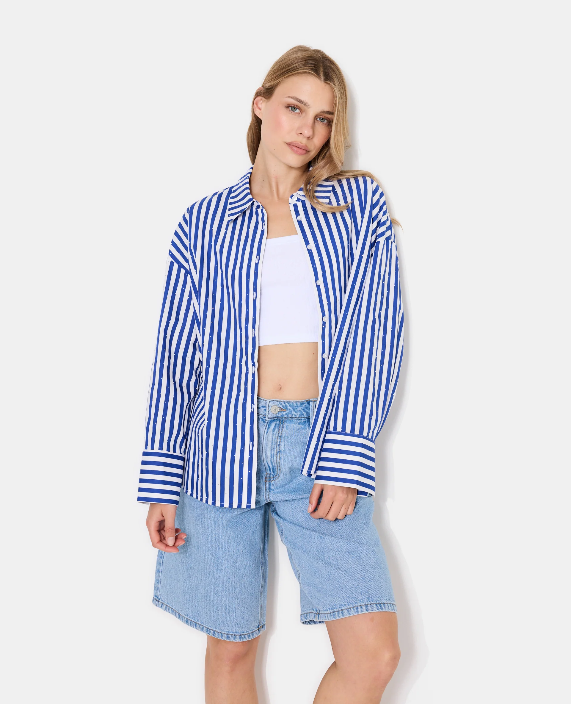 Chemise oversize rayée avec strass