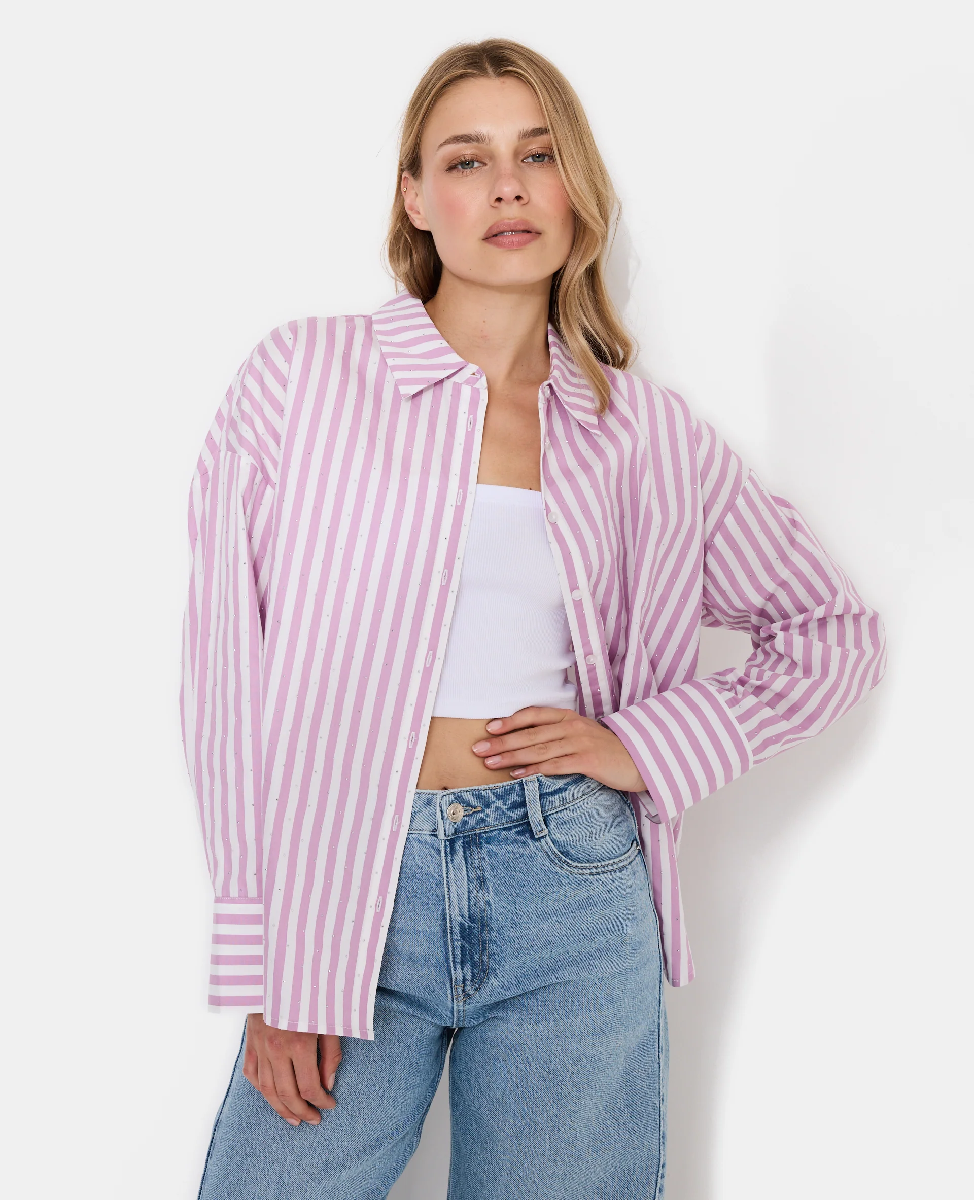 Chemise oversize rayée avec strass