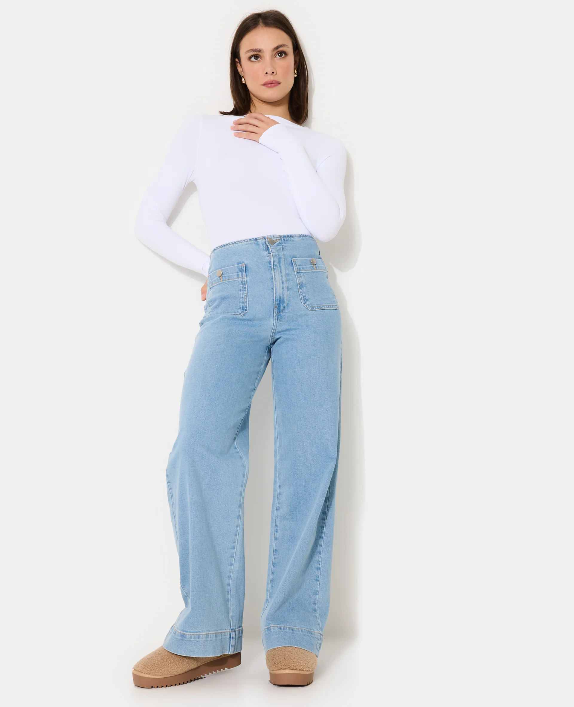 Jean wide taille haute avec poches plaquées